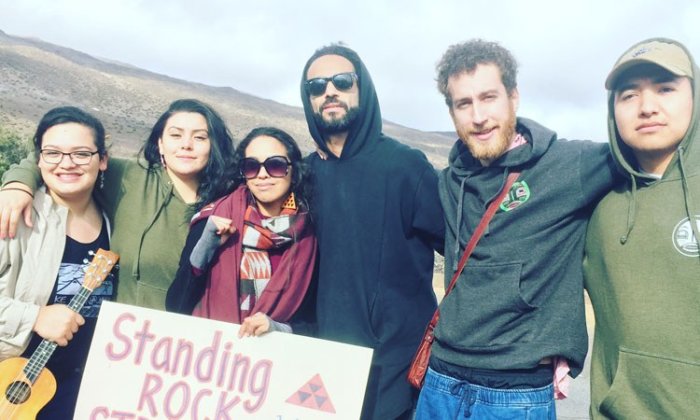 Photo: ProtestorsKuʻulei Perreira-Keawekane, Calina Lawrence (Suquamish), Hāwane Rios, Sol Guy, Reif, and Joey Montoya on Mauna Kea