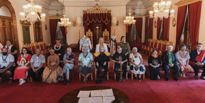 Photo: Traditional leaders from across Oceania photographed in the throne room of ʻIolani Palace