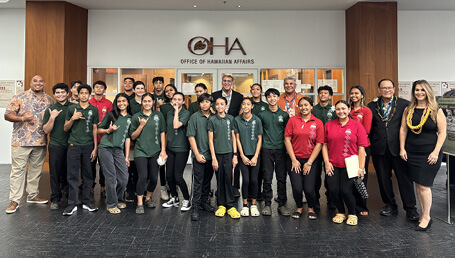 Photo: Trustee Akina with fellow trustees, Ka Pouhana Stacy Ferreira, and students from Hawaiian-focused public charter school Hālau Kū Māna