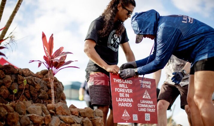 Photo: Paele Kiakona and Mikey Burke mālama the first piece of &#699;āina held in trust by the Lahaina Community Land Trust