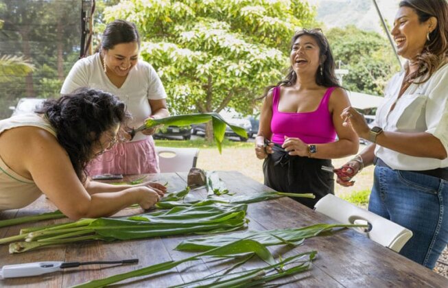 Photo: Employees from the ACLU prepare lā‘ī for lei making