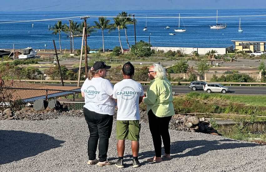 Photo: Brandy and Eric Cajudoy talk with Aunty Val Hoʻopai