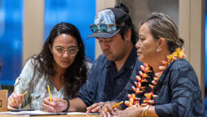 Photo: Kawaipuna Kalipi, Robert Nerveza Shizuma and Zhantell Dudoit Lindo at a Maui County budget hearing