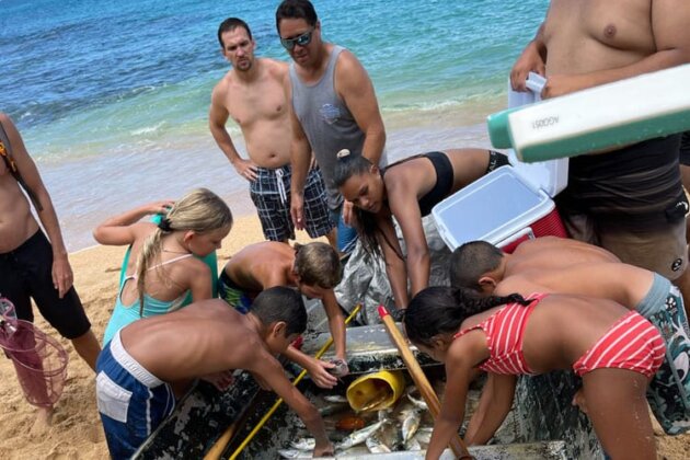 Photo: Community members gather fish from a fishing boat