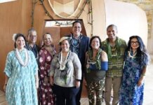 Hawaiian History Month Photo: Malia Kaʻai-Barrett, Dr. Jon Osorio, Mehana Hind, Malia Nobrega-Olivera, Sen. Jarrett Keohokalole, Meleana Aluli Meyer, Ryan Souza, and Jennifer Santos