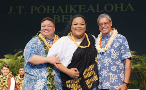 Photo: Dr. Keawe Lopes (left) and Dr. Jon Osorio with Pōhaikealoha Bell at Hawai‘inuiākea's spring 2025 commencement ceremony