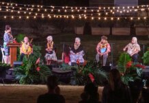 Nānā i ke Kumu: He Hoʻoilina Hawaiʻi Photo: Panel discussion featuring (seated l-r) Kahaʻi Topolinski, Sarah Keahi, Naomi Losch, Laʻakea Suganuma, and Cy Bridges.
