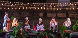 Nānā i ke Kumu: He Hoʻoilina Hawaiʻi Photo: Panel discussion featuring (seated l-r) Kahaʻi Topolinski, Sarah Keahi, Naomi Losch, Laʻakea Suganuma, and Cy Bridges.