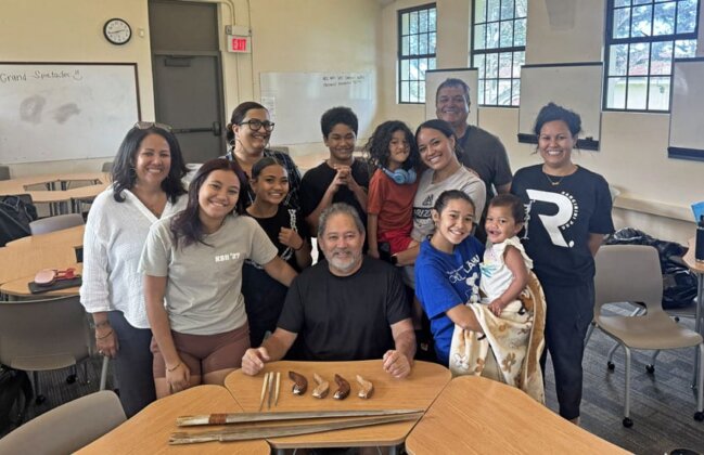 Photo: Nā ʻŌpio Waiwai youth attend a workshop on Native Hawaiian implements with loea Umi Kai