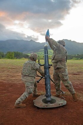 Photo: Soldiers firing a mortar round
