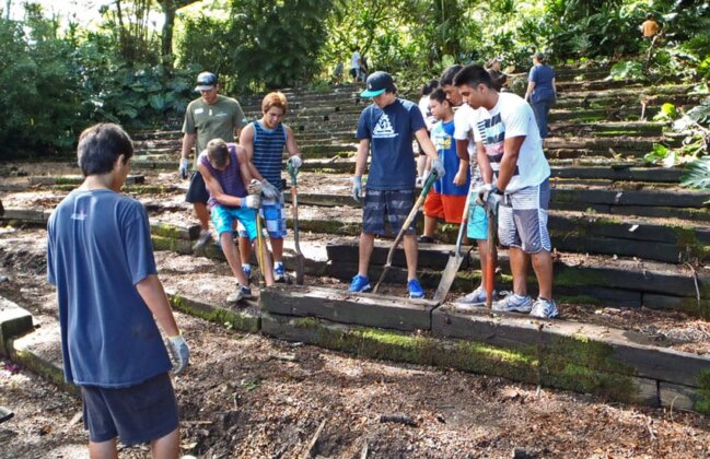 Photo: Volunteers work to restore the amphitheater at Waimea Valley