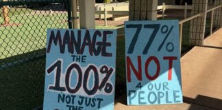 E Hoʻihoʻi i ka Nani o Lahaina – The Fight for Justice in Lahaina Three Years After the Fire Photo: Signs advocating for water controls
