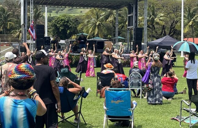 Photo: Hula dancers perform at the annual Prince Kūhiō Festival