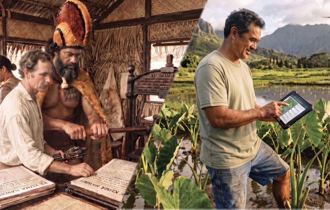 Photo: Kupuna using a printing press and AI