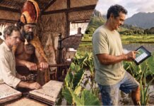 He Aupuni Palapala kō Kākou Photo: Kupuna using a printing press and AI