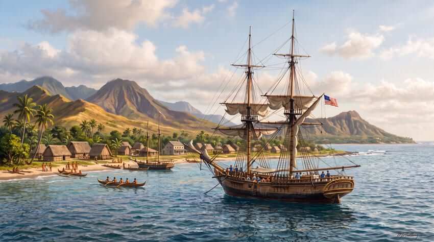 Illustration of the May 1820 arrival of the Thaddeus in Honolulu