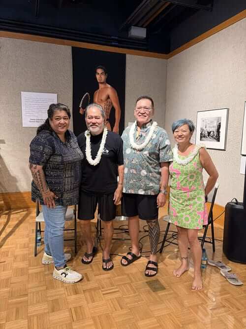 Photo: Co-curator Kapulani Landgraf, ʻŌlohe ʻUmi Kai, Suluʻape Keone Nunes, and co-curator Noelle Kahanu