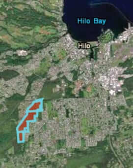 Photo: An aerial view of Hilo showing the location of the 300 acres recently transferred to DHHL